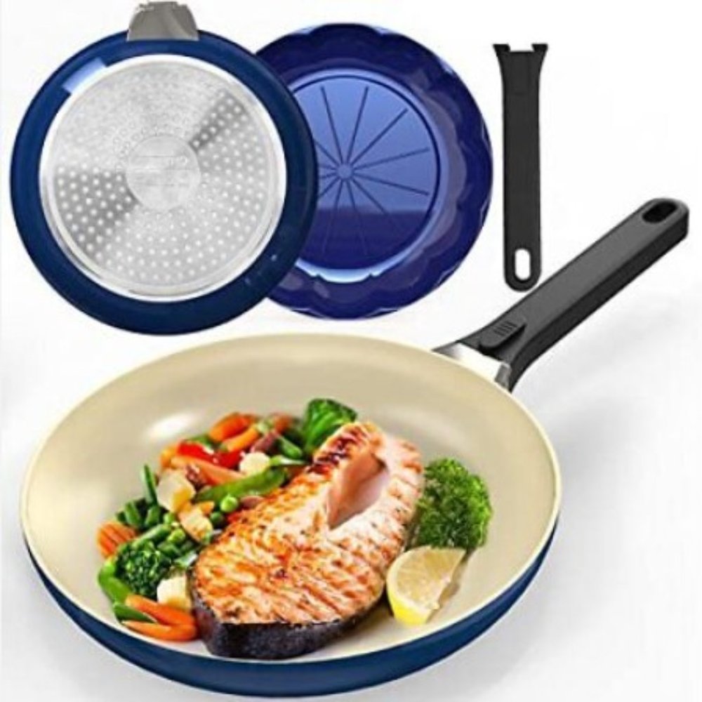9.5" REMOVABLE Handle (for Oven) Ceramic Frying Pan - Cake Mold Included (Blue)